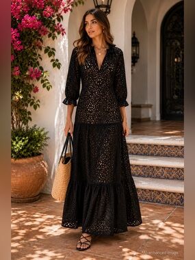 NWT DX Collection Black Eyelet Lace Maxi Dress Size S Beach Resort Cover Up
